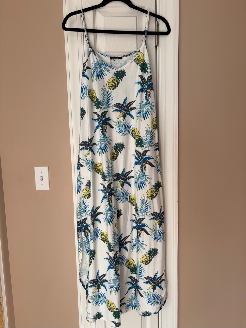 Tropical Pineapple Slip Dress — White with Blue & Yellow Print